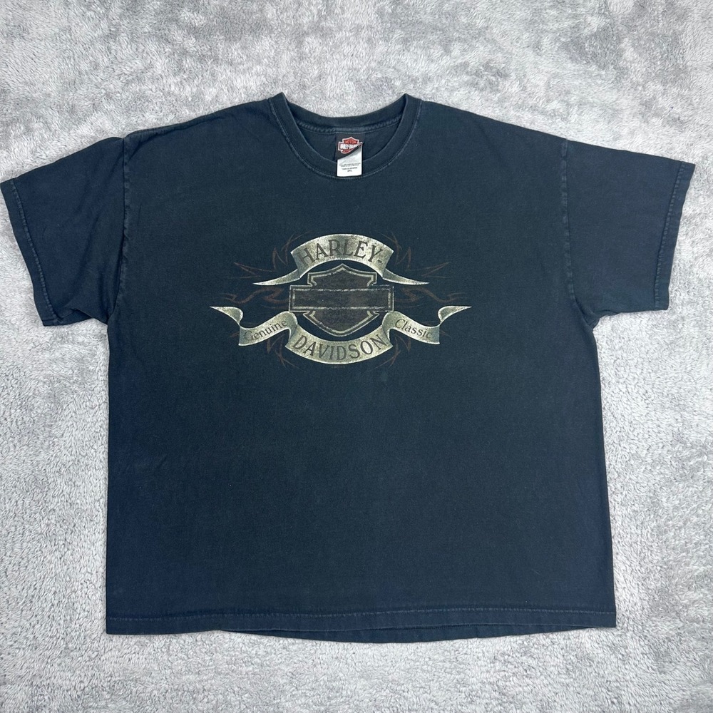 Harley Davidson T-Shirt Mens 2XL‎ Black Graphic Logo Hanes Beefy-T Made in USA